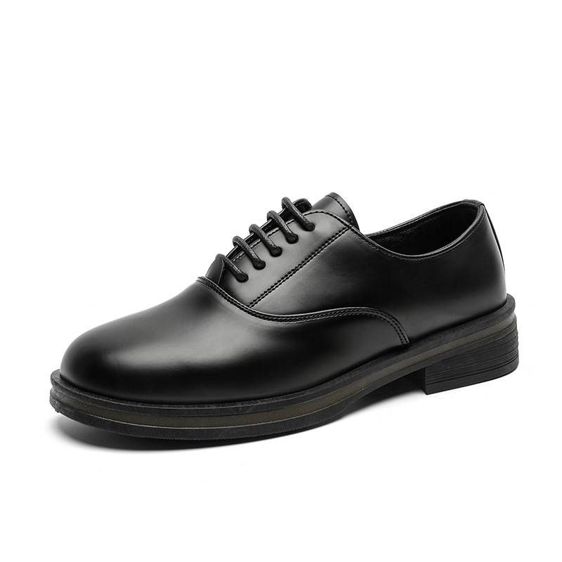 Leather Shoes Men's Autumn Breathable Trendy Shoes Versatile Trendy Brand British Thick Soled Casual Black Anti Slip Square Toe Leather Shoes_vogvips.com