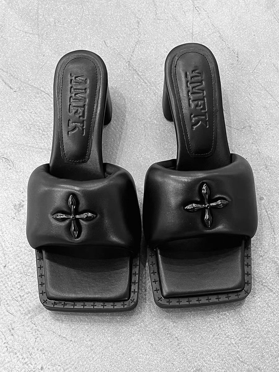 Full Sheepskin Cross Flower Duckbill Sandals Heels Thick Soles Black Balloons Drag Straight Line Women's Shoes_vogvips.com