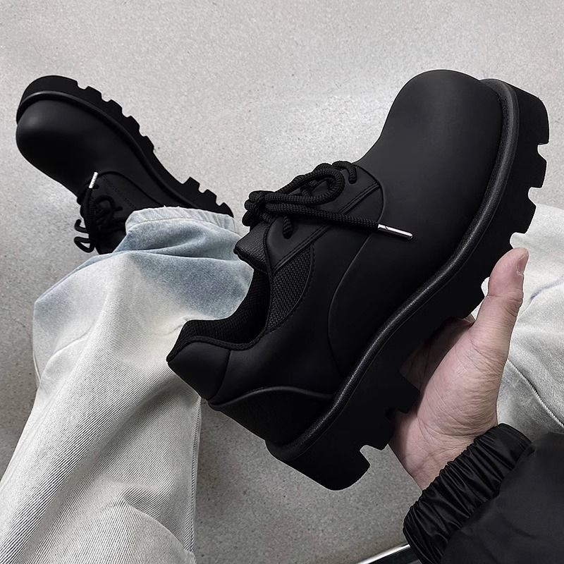 Sports Derby Big Toe Leather Shoes Men's Fashionable Casual 2024 Spring New Black Commuter Platform Elevator_vogvips.com