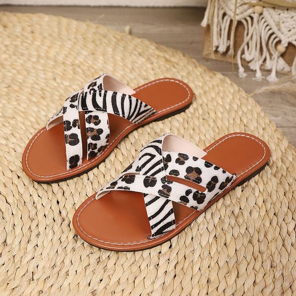 European And American Style Trendy Large Size Leopard Print Flat In Stock, New Summer Round-toe Slip-on Sandals_vogvips.com