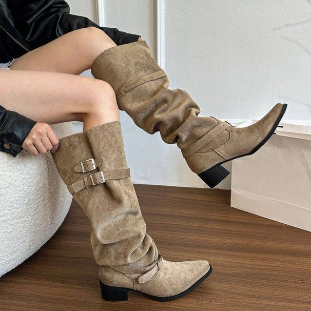 Women's Suede Stacked Boots - Vintage Chunky Heel Riding Boots With Side Zipper | Khaki & Black | Comfortable 5cm Block Heel_vogvips.com