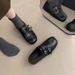 Retro British Style Loafers Women's Flat Bottom Inner Height Increase Double Buckle Belt Single Shoes Black Square Head Small Leather Shoes_vogvips.com