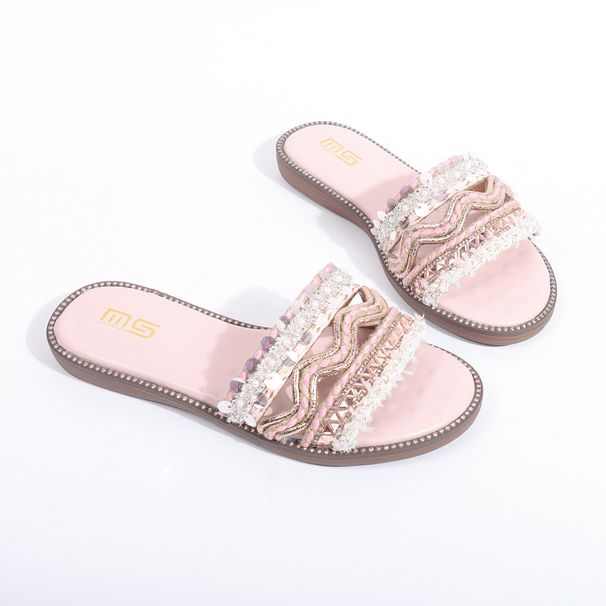 MS Women's Rhinestone Flat Sandals - Comfortable PU Leather Slip-On Slides For Beach, Casual & Outdoor Wear (Black, Beige, Pink)_vogvips.com