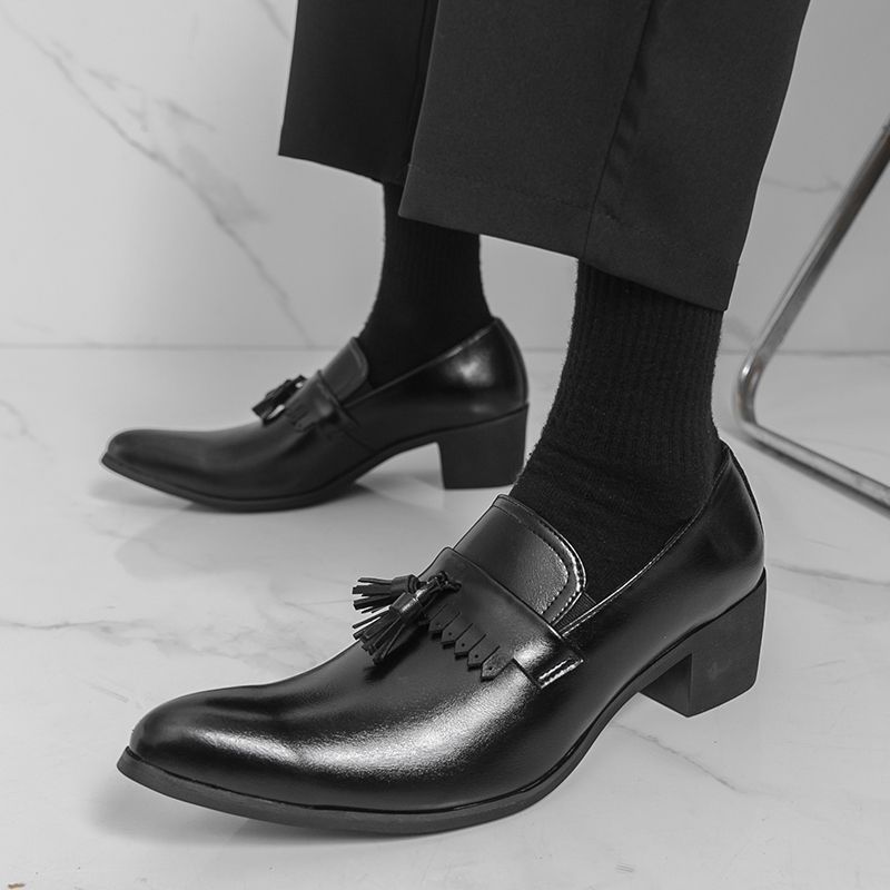 British Style Men's Pointed Toe Tassel Casual High Heel Black Versatile Business Fashion Trend Slip-On Shoes_vogvips.com