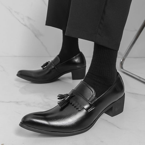 British Style Men's Pointed Toe Tassel Casual High Heel Black Versatile Business Fashion Trend Slip-On Shoes_vogvips.com