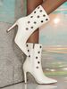 Women's Fashion White PU Leather Pointed Toe Stiletto Heel Boots With Cut-Out Design, Mid-Calf Height, Side Zipper, Comfortable For Daily Wear_vogvips.com