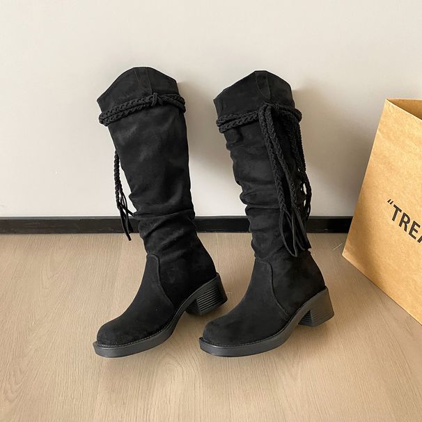 2025 Autumn Tassel Knight Thick Heel Over-the-Knee Mid-Calf Slimming Pile Round Toe Black Long Boots For Women_vogvips.com