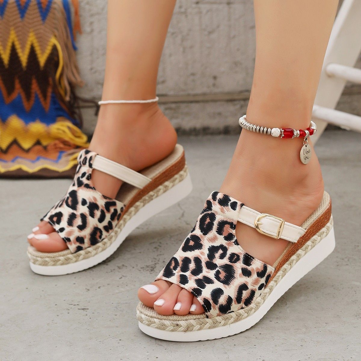 Shoes Sandals Wedge Heel Thick Bottom Leopard Print Flip Flops Sandals_vogvips.com