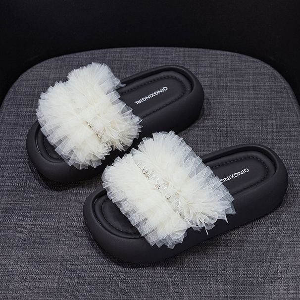 Mesh Thick-bottomed Cool Slippers Women's Casual Lace Edge Mesh Yarn Rhinestone Wearing Women's Sandals_vogvips.com