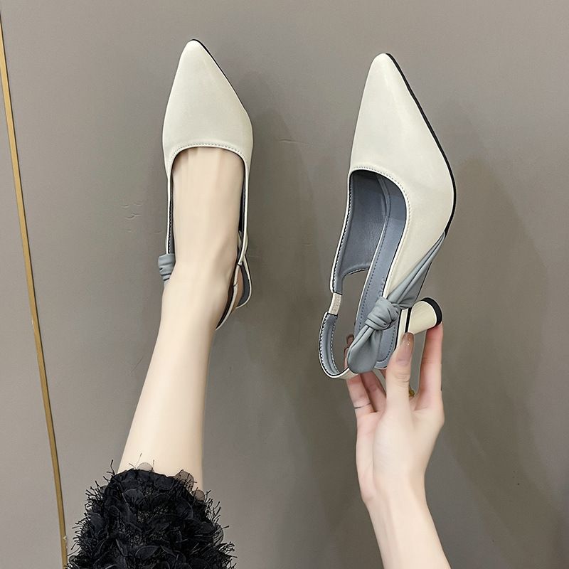 Summer Women's Bow Sandals Color Block Pointed Toe Closed Open Back Design High Heels Plus Size French Style_vogvips.com
