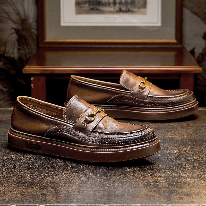 Leisure Carved Blok Bean Men's Genuine One Foot Kick Le Fu Toe Layer Cowhide British Leather Shoes_vogvips.com