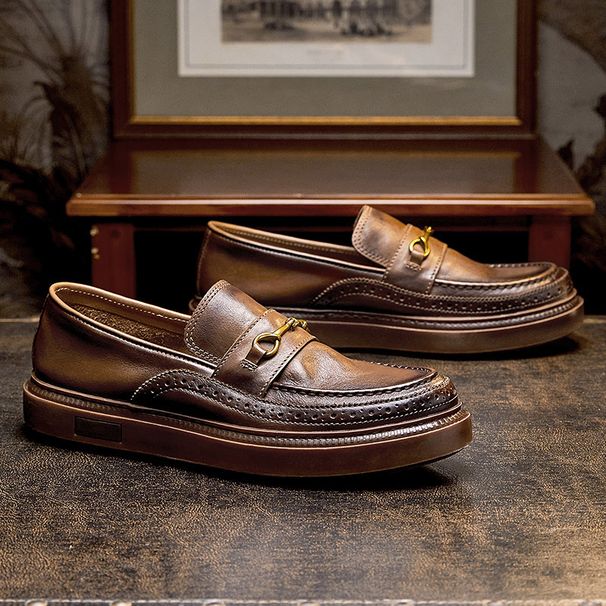 Leisure Carved Blok Bean Men's Genuine One Foot Kick Le Fu Toe Layer Cowhide British Leather Shoes_vogvips.com