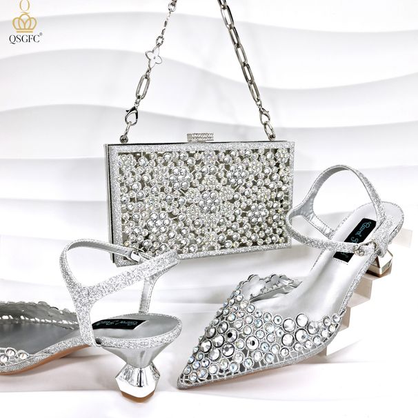 Pointy matching color diamond women's shoe bag set light mouth sexy high heels small decorative bracelet_vogvips.com