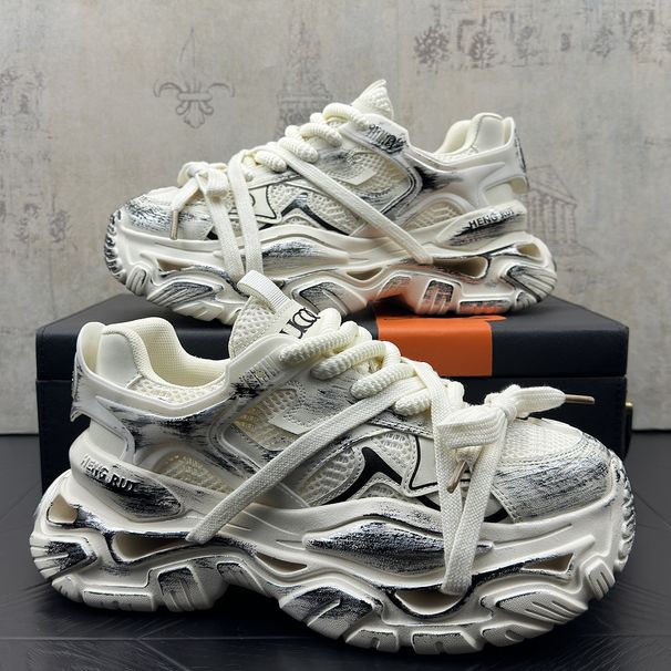 Men's Dad Shoes Chunky Retro Sneakers Street Style Breathable Distressed Thick Sole Height Increasing Casual Athletic Shoes_vogvips.com