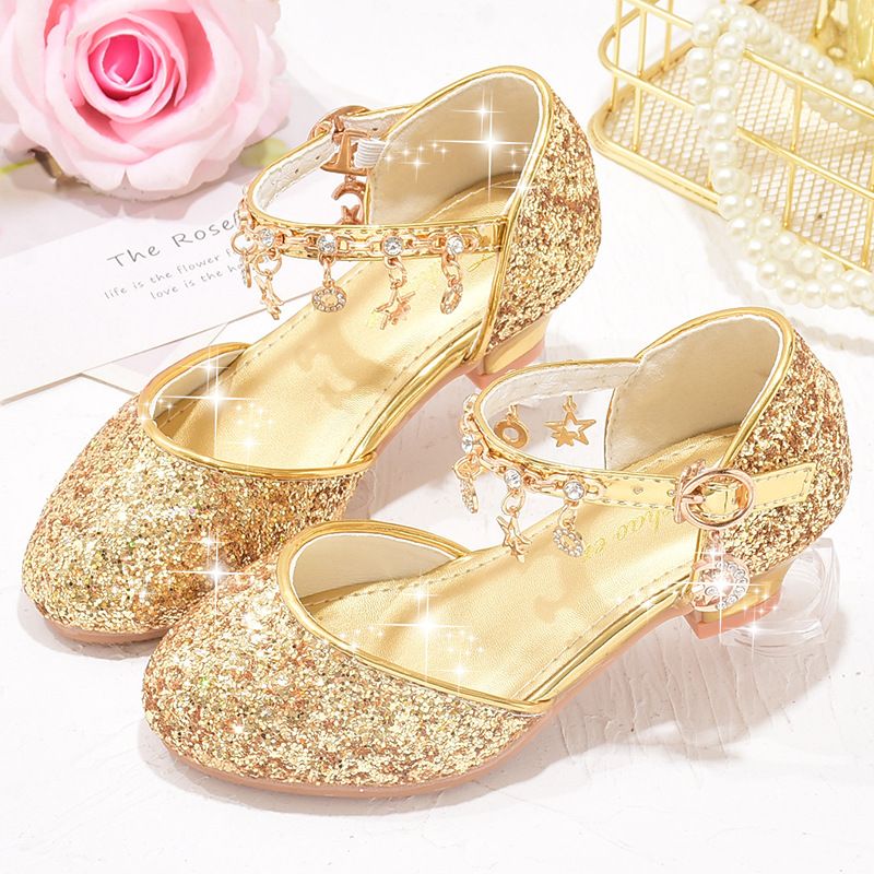 Girls shoes Children glitter performance high heels gold powder silver four seasons children princess glass shoes_vogvips.com
