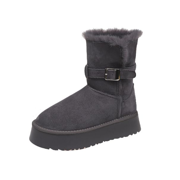 Thi Bot Winter Snow Boots Women's Fce Lined Thiened 2024 New Faion Versatile Belt Bule Warm Mid Calf Boots_vogvips.com