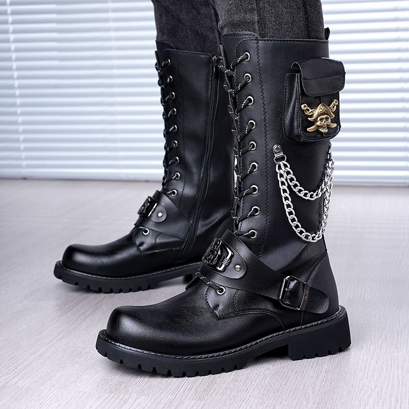 Rock Long Boots, Tall Men's Leather Boots, Skull Iron Chain Lace-Up Cowboy Boots, Thick-Soled Trendy Stage Martin Boots_vogvips.com