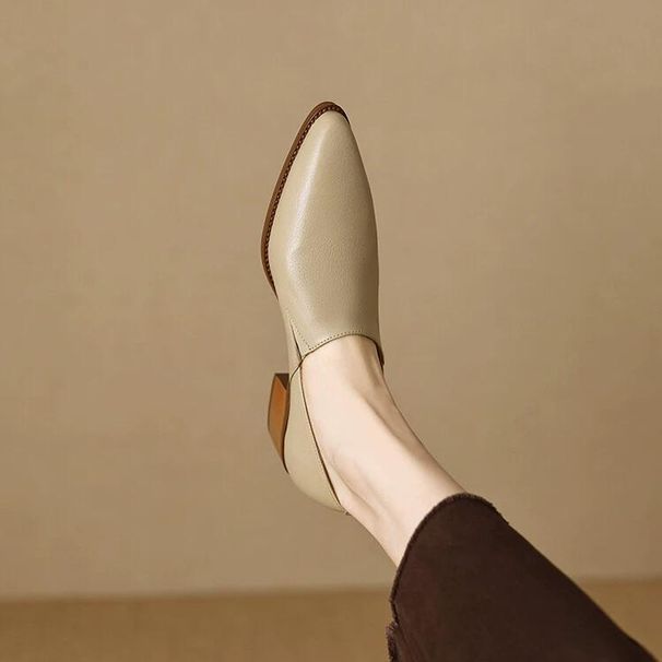 Spring 2025 New Black Middle Deep Mouth Sh, Thick Heel Anti Slip Pointed Apricot, One Step Stepping Women's Single_vogvips.com
