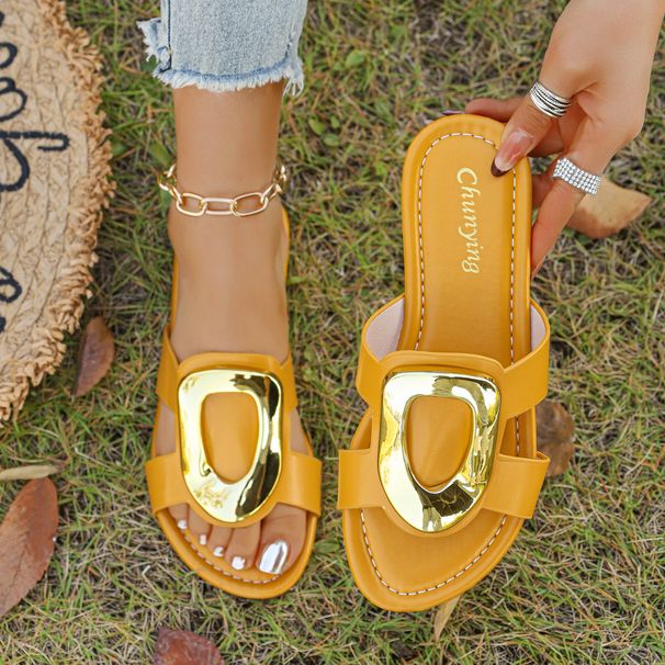 Women's Casual Versatile Flat For Foreign Trade, 2026 New Korean Style Fashion Metal Buckle One-strap Beach Sandals_vogvips.com