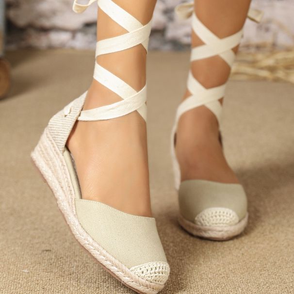 Women's Hemp Rope Wedge Sandals Lace Up Hollow Toe Roman Style Plus Size Comfortable Summer Shoes_vogvips.com
