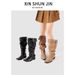 Women's Niche Design Pointed Toe Oversized High Heeled Boots Retro Western Cowboy Chunky Heel Tall Boots For Spring_vogvips.com