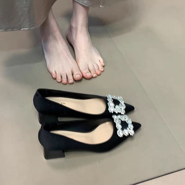French Fairy Rhinestone Square Buckle Thick Heel Single Shoes Women's Satin Pointed High Heels Bridal Shoes Wedding Shoes_vogvips.com