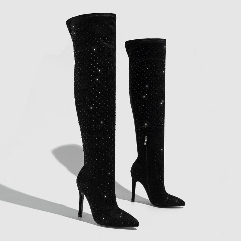 Heels New Fashion Rhinestone Over-the-Knee High Boots Sexy Pointed Toe Side Zipper Comfortable Plus Size_vogvips.com