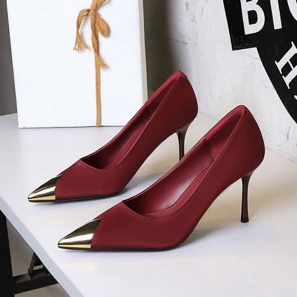 Skinny High Heels Thin Heel Light Mouth Satin Metal Pointed Super High Heel Single Shoes Women's Shoes_vogvips.com