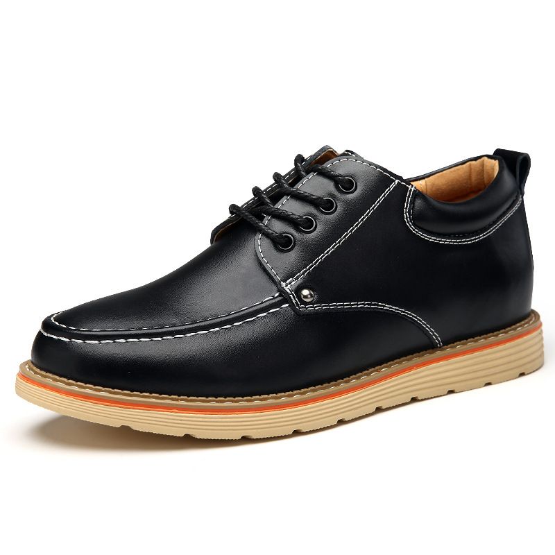Men's Casual Business Korean Style Versatile Genuine Leather Hidden Wedge Round Toe Lace-Up Low-Top Shoes_vogvips.com