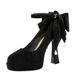 8322-H100M European And American Suede Ultra-high Heel Platform Shallow Mouth One-strap Buckle With Pearl Bow Women's_vogvips.com