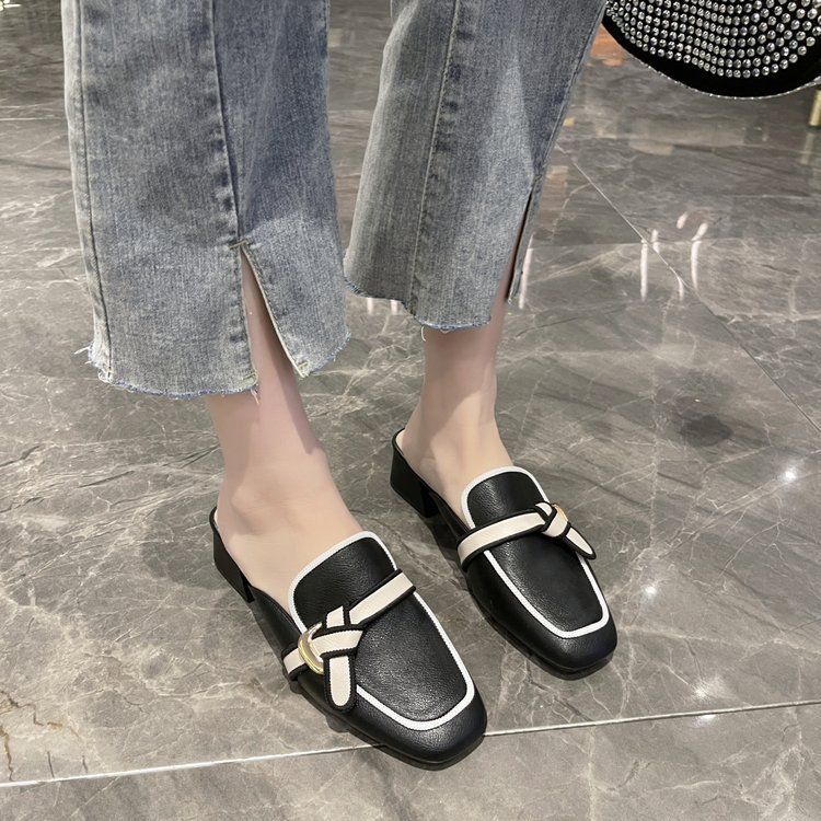 Bow Detail Square-Toe Mule Sandals For Women - Chunky Mid-Heel Slides With Vintage Style_vogvips.com