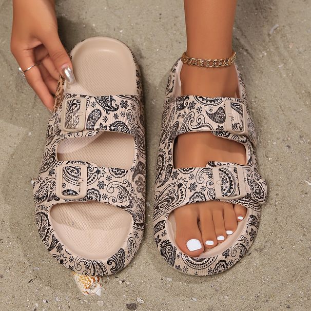 Summer Retro Cashew Flower Graffiti Women's Slippers Beach Vacation Sand Walk Leisure Commuting Fashion Versatile Soft Sandals_vogvips.com