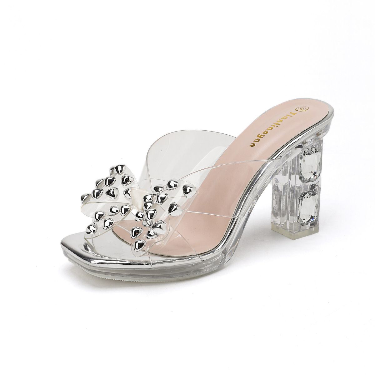 Outwearthick Sole Transparent Rhinestone High Heel Slippers Thick Heel Sandals Open Toe Flip Flops Rhinestone_vogvips.com