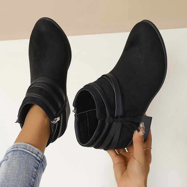 Chunky Heel Faux Suede Ankle Boots For Women With Side Zipper & Buckle Strap – Plus Size Winter Boots In Black, Cream & Light Brown_vogvips.com
