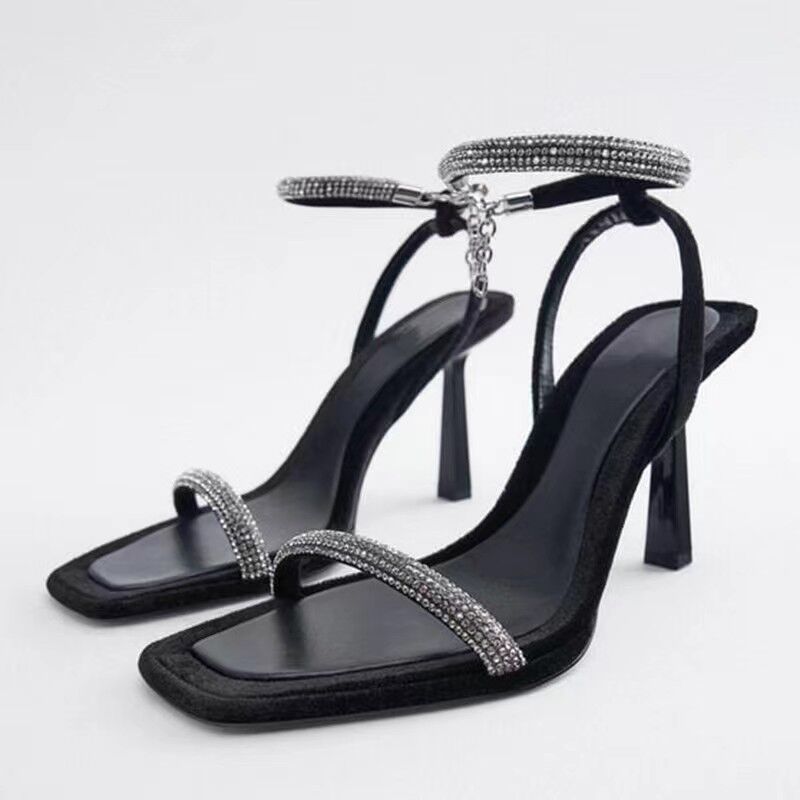 2023 Summer New Large Size Minimalist Feng Shui Diamond Hanging Chain Thin High Heel Shoes Sandals Women's Cx_vogvips.com