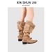 Women's Niche Design Pointed Toe Oversized High Heeled Boots Retro Western Cowboy Chunky Heel Tall Boots For Spring_vogvips.com