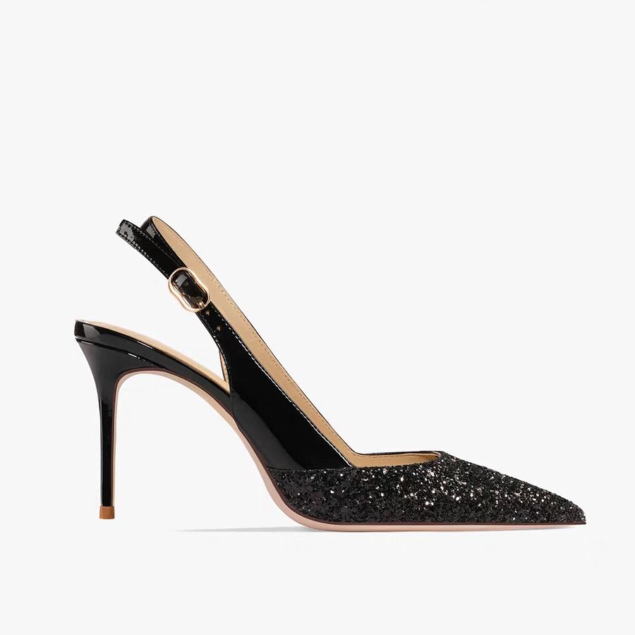 2024 Spring New Black Pointed Toe High Heels With Sequined Patent Leather Toe Toe Sandals For Women Stiletto Heels 31-44_vogvips.com