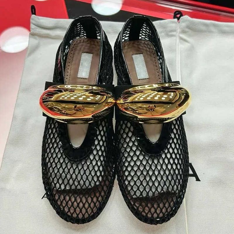 women's Casual Shoes Niche Metal Mesh Flat Shoes Comfortable Hollow Shallow Breathable Single Shoes Summer Gold Ballet Shoes Mary Jane_vogvips.com