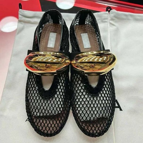 women's Casual Shoes Niche Metal Mesh Flat Shoes Comfortable Hollow Shallow Breathable Single Shoes Summer Gold Ballet Shoes Mary Jane_vogvips.com