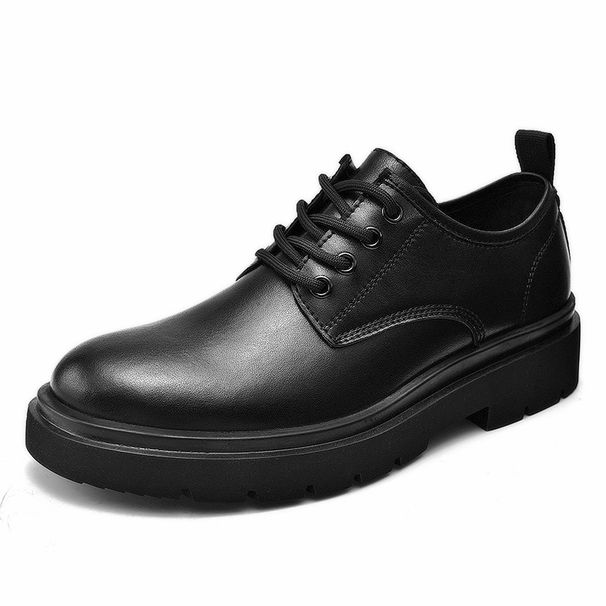 Men's Leather Shoes Spring Internet Celebrity Trendy Hong Kong Style Casual Versatile Shiny Thick-Soled Low-Cut Black Su_vogvips.com