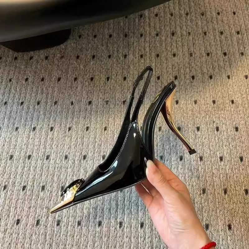 Jewel Square Toe Stiletto Patent Leather High Heels Women's Retro Belt Buckle All-match Shallow Top Single-layer Shoes_vogvips.com