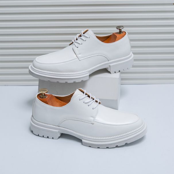 Business British Style Korean New Height Increasing Thick Sole Lace-up White Leather Men's Shoes_vogvips.com