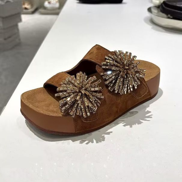 Retro Rhinestone Slip-On Sandals Fireworks Holiday Theme Genuine Leather Square Toe Thick Soled Women's Shoes_vogvips.com