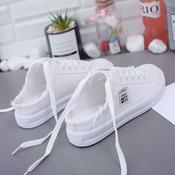 Womens Slip On Canvas Mules With Raw Edge Fringe Casual Backless Sneakers_vogvips.com