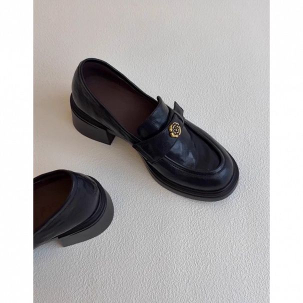 Women's Vintage Thick Heel Leather Camellia Loafers – Waterproof & Comfortable Oxfords For Commute & Dress_vogvips.com
