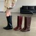 Korean-Style Vintage Burgundy Square-Toed Long For Women, 2026 Autumn And Winter, Wedge Heel, Slimming Straight-Leg_vogvips.com