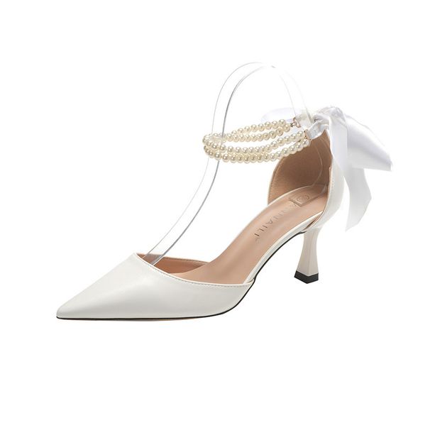 Women's French Style Elegant High Heels Pointed Toe Hollow Pearl Chain Bow Stiletto Pumps White Wedding Shoes Chunky Heel Plus Size_vogvips.com