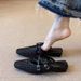 Women's Black Flat Sandals Sheepskin Cross Strap Hand Woven Hollowed Out Simple Versatile Closed Toe Shoes For Summer_vogvips.com