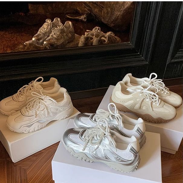 Women's Shoes Crescent Shaped Sole, Hidden Wedge Heel, Lace And Pearl Casual German Training Shoes For Women, Forrest Gump Shoes._vogvips.com