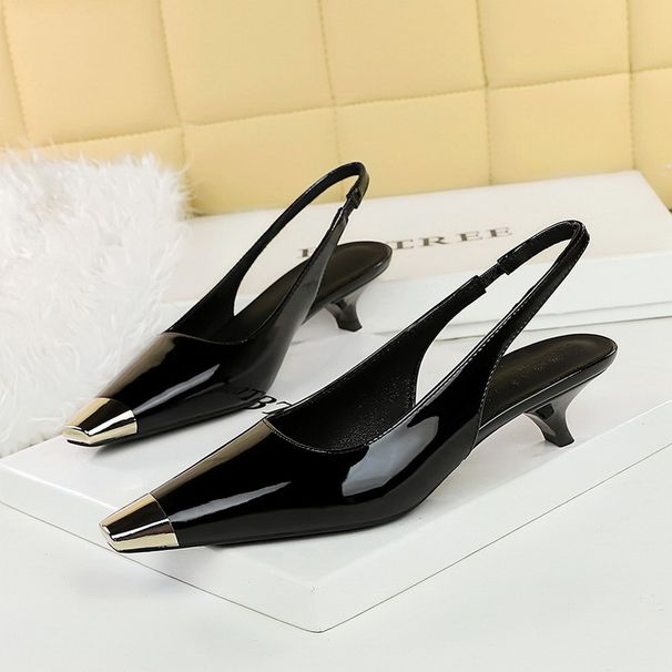 Thin Heel Shallow Mouth Women's Shoes Patent Leather Glossy Metal Head Rear Strap Thin Single Shoes Women_vogvips.com